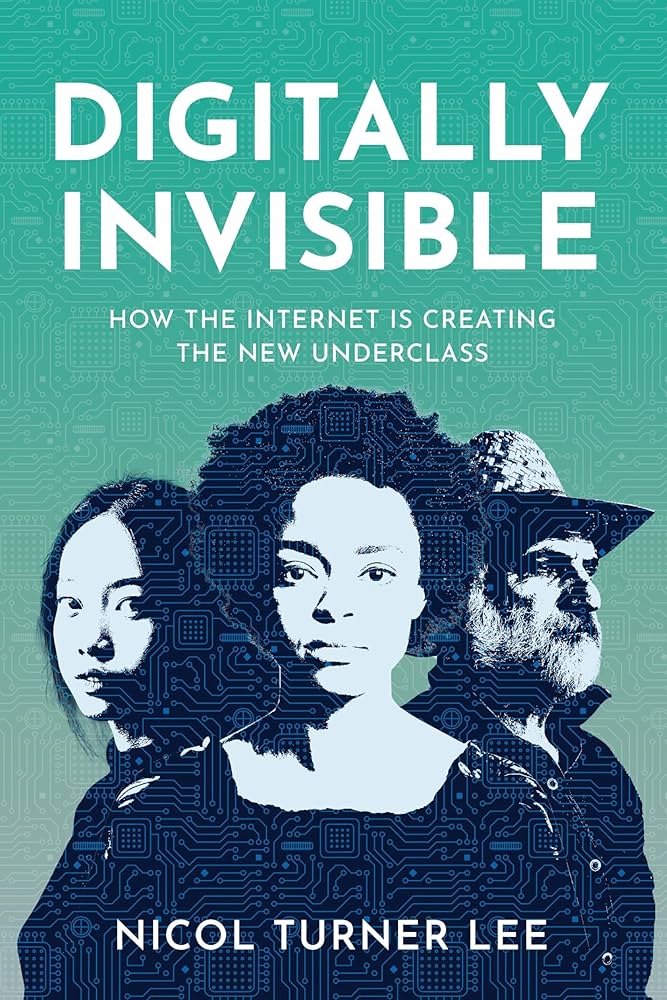 A teal and blue book cover with a mainframe drawing superimposed over three people. In the center is a younger Black woman with a short afro and serious look on her face. To her left is an asian woman with an inquisitive expression, and to her right is an older man also with a serious look wearing a straw hat. The text reads the title of the book.